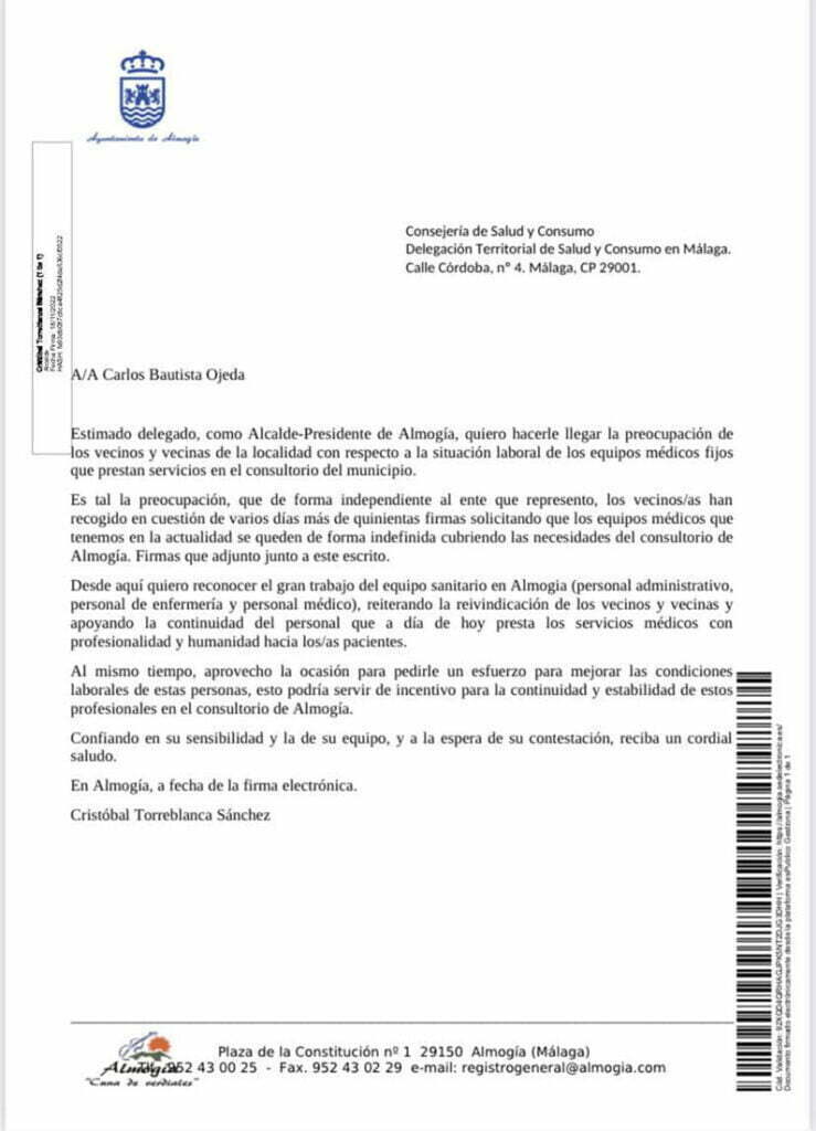 carta Almogía para mejorar el servicio de salud