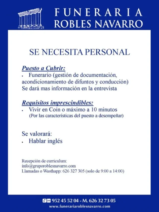 oferta de empleo en Funeraria Robles Navarro