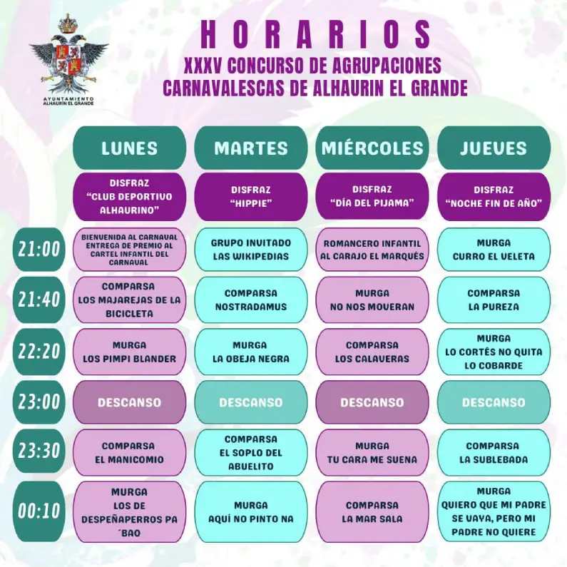 Horarios XXXV Concurso de Agrupaciones Carnavalescas de Alhaurín el Grande 2025