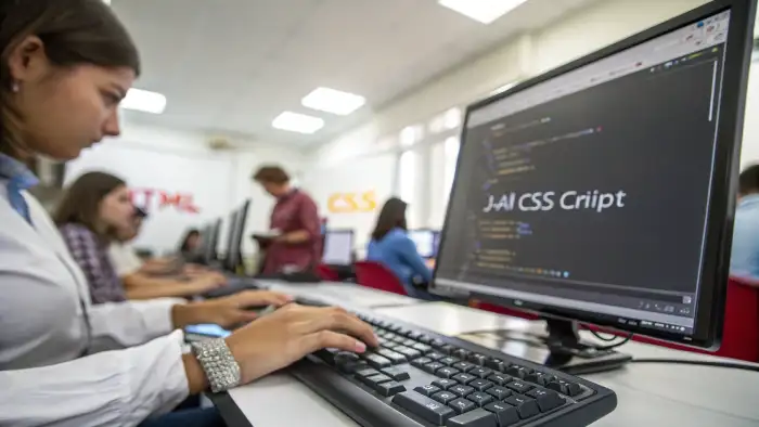 Código HTML CSS y JavaScript en pantalla dentro del programa de formación web para desempleados de Pizarra