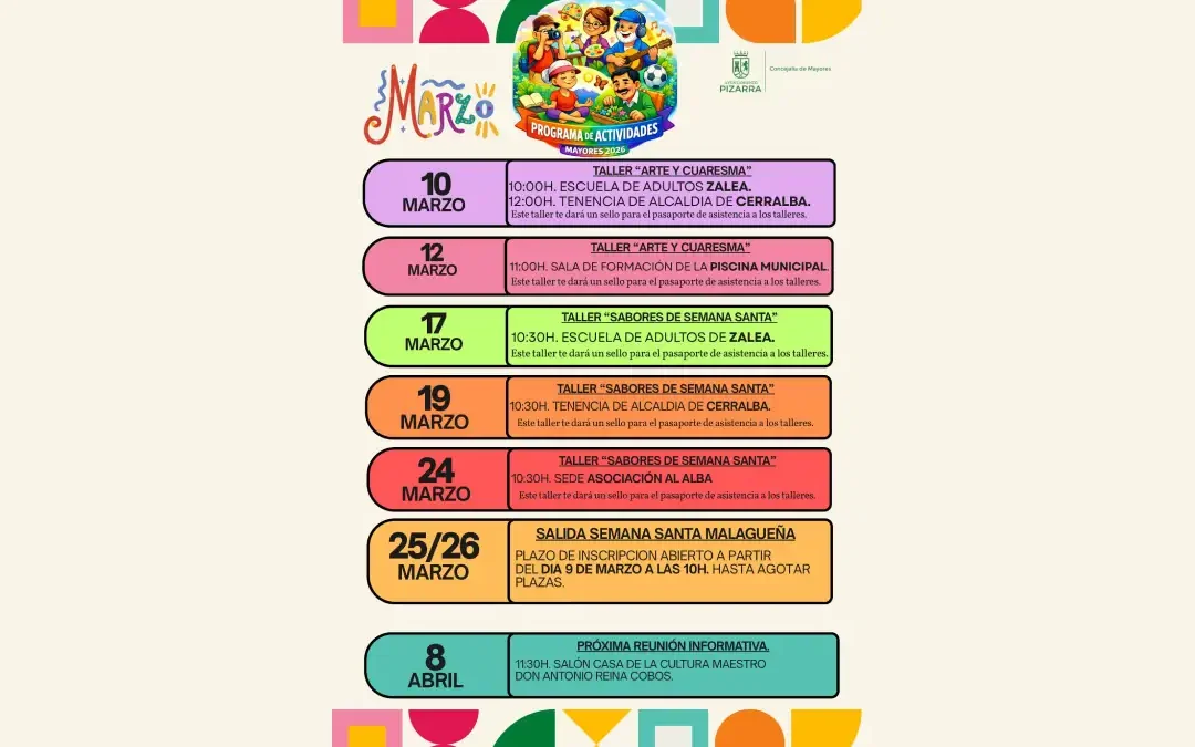 Programación marzo 2026 para mayores en Pizarra