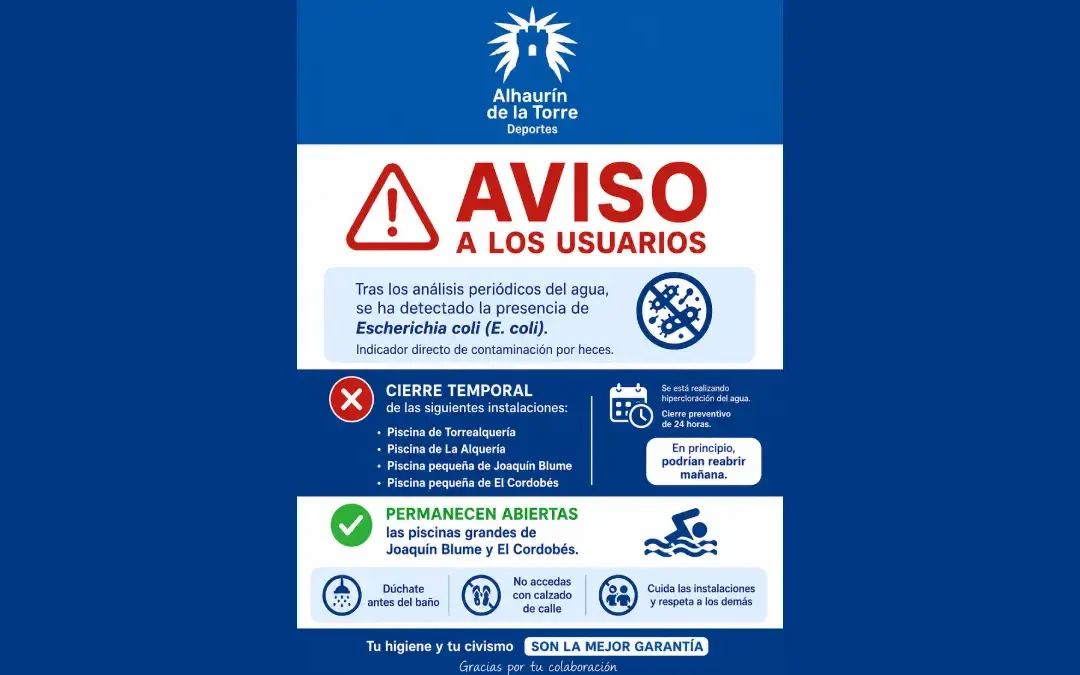 Cierre temporal de 4 piscinas por E. coli en Alhaurín de la Torre