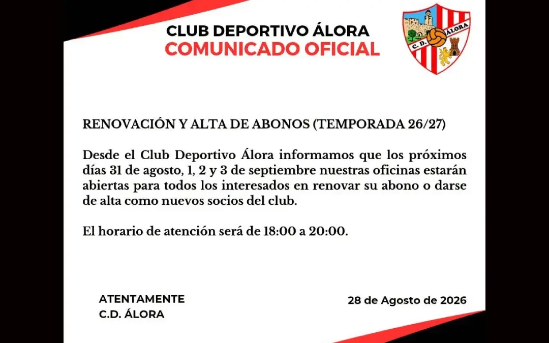 El C.D. Álora abre el plazo para renovar abonos 2026/27